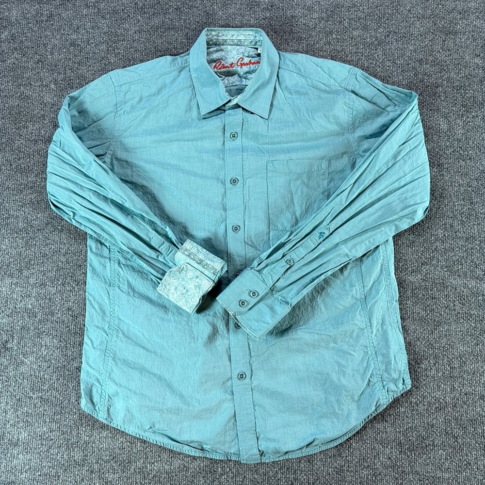 Robert Graham Mens Teal Blue Cotton Long Sleeve Button Down Shirt Paisley Trim L
